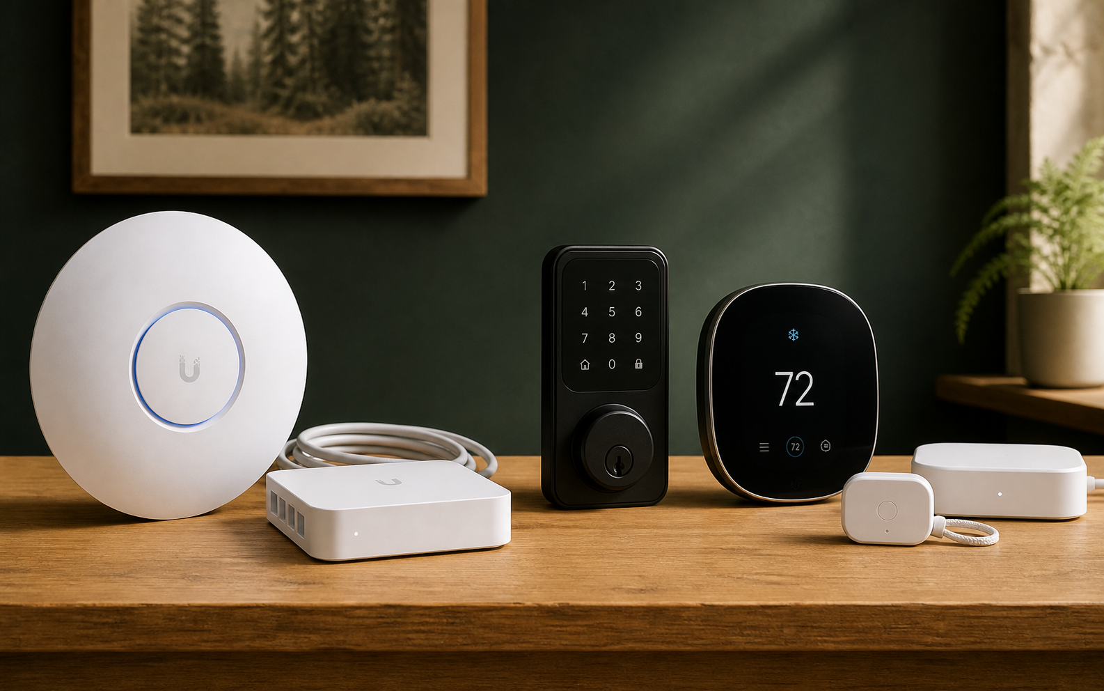 Illustrative arrangement representing UniFi networking, Schlage entry, ecobee climate, and YoLink alert equipment
