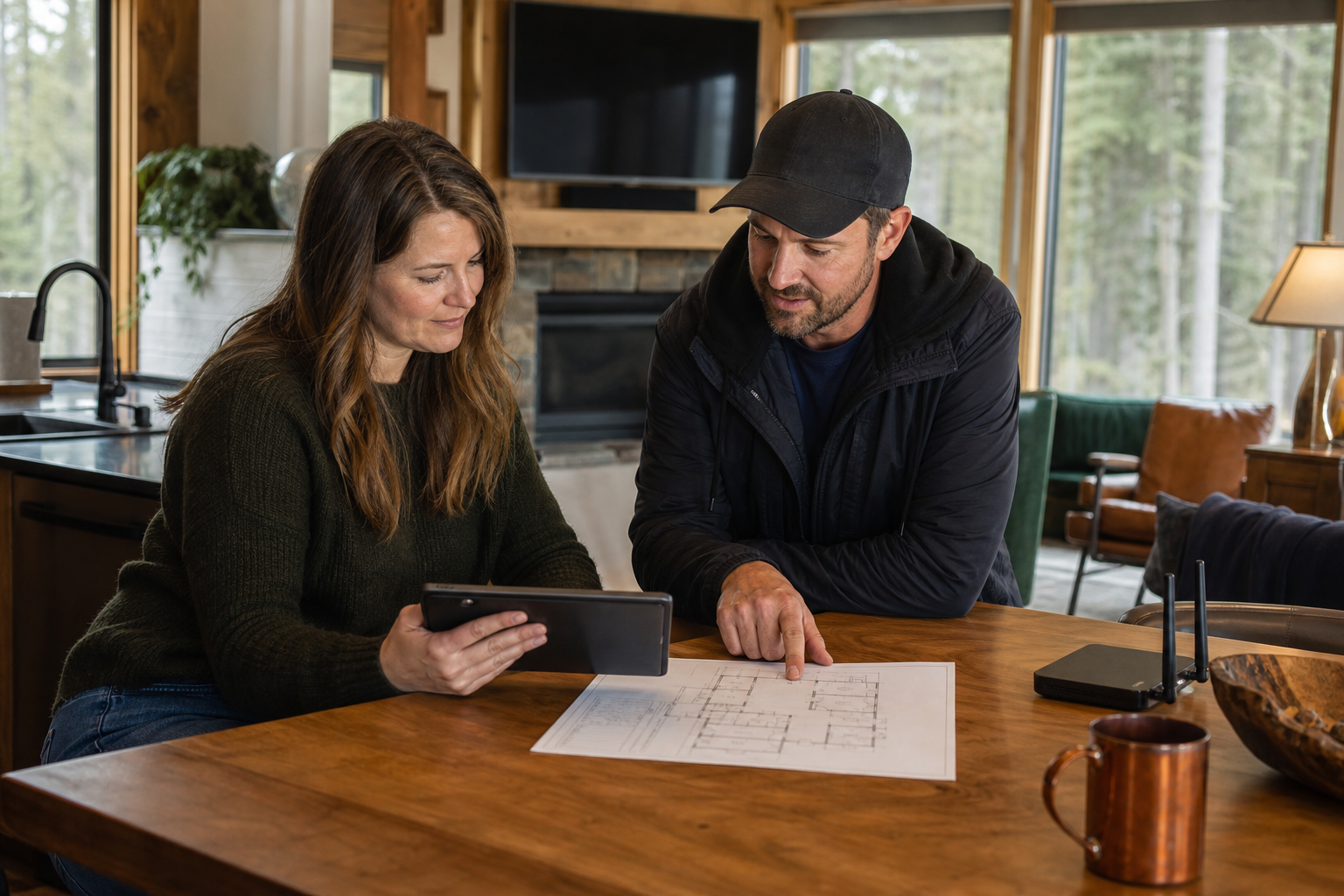 Illustrative property manager and technician reviewing a vacation-rental floor plan and equipment