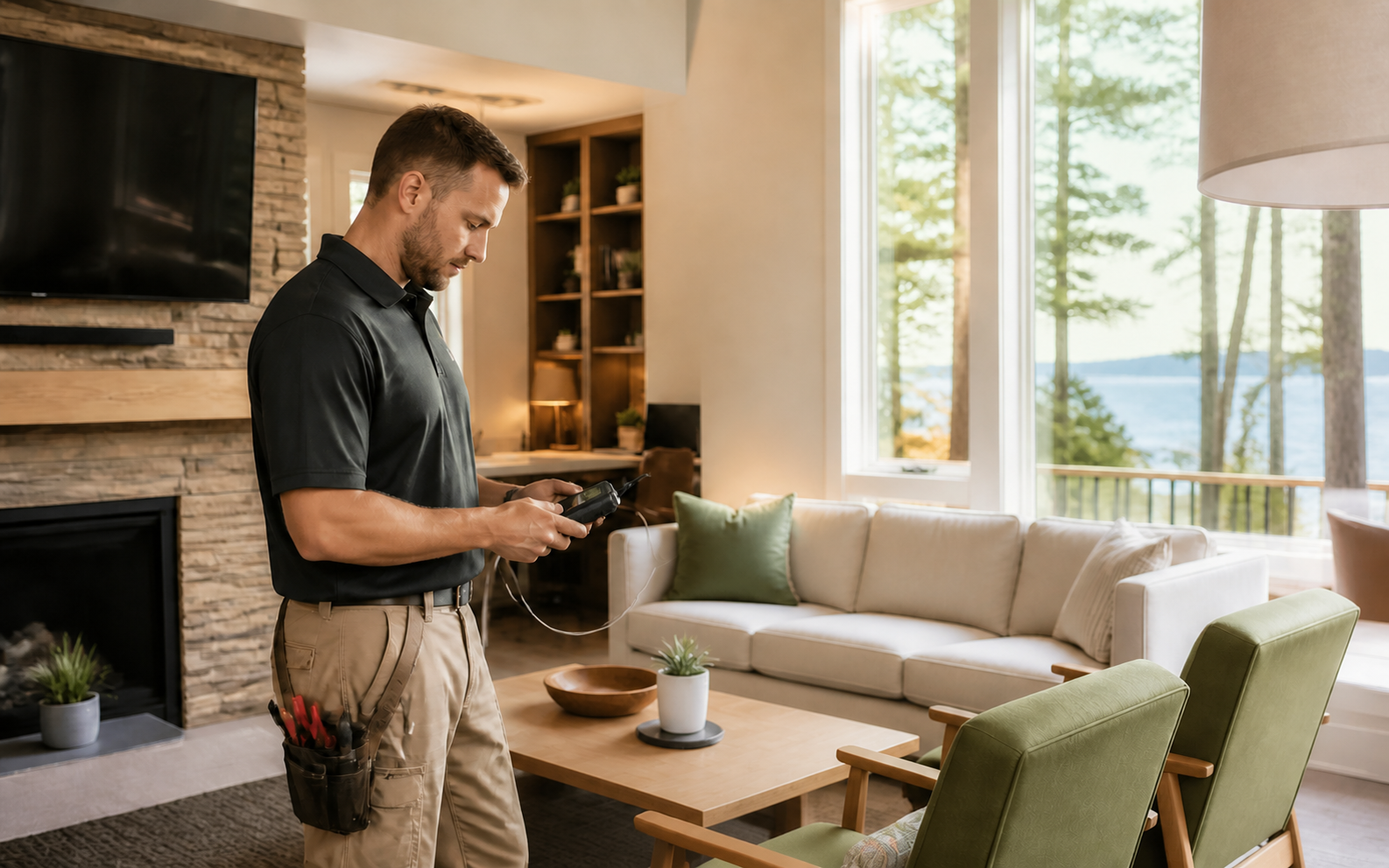 Technician testing network equipment inside an illustrative Northern Michigan vacation-rental living room