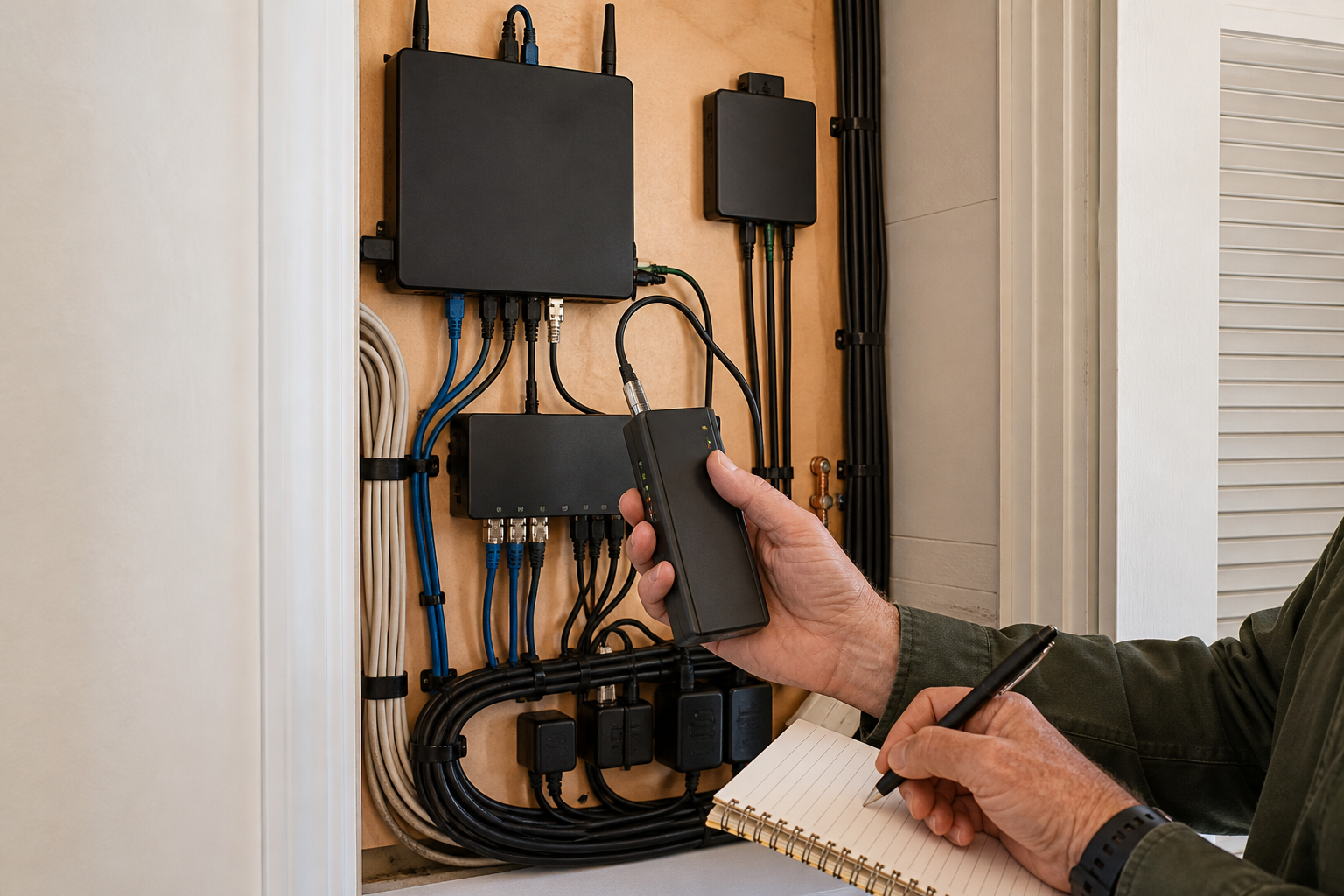 Technician using a network tester and notebook during an illustrative equipment audit